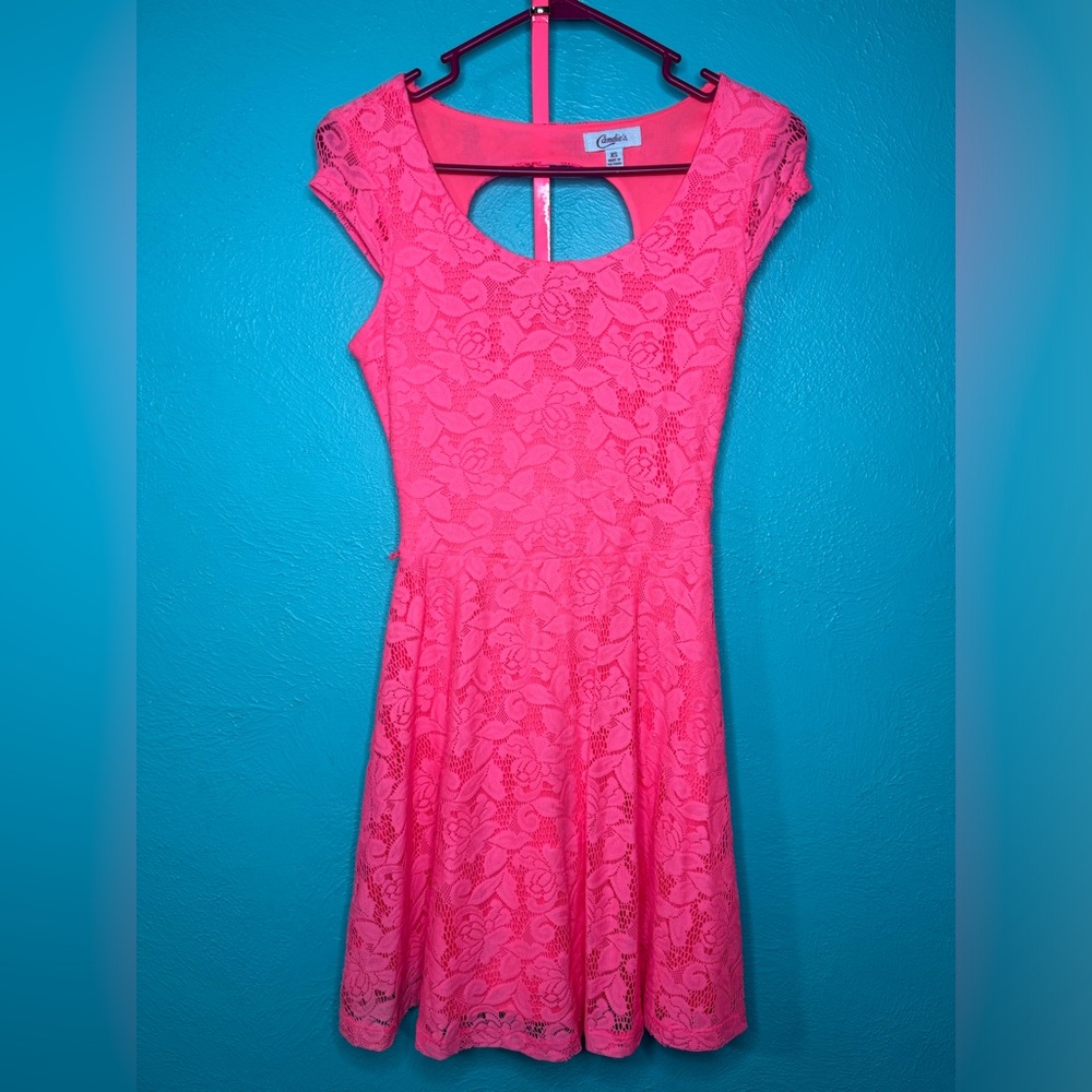 Candie's Bright Hot Pink Mini Lace Floral Dress w/Belt